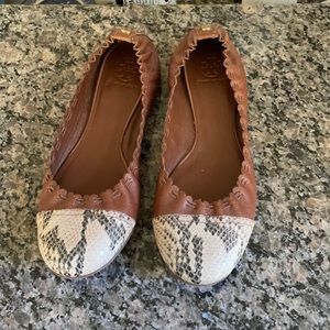 Tory Burch flats. Never worn. Mid brown with snake skin toes.